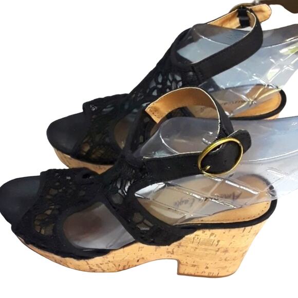 American Eagle Womens Sz 9 BOHO Festival Black Lace Platform 4" Wedge Heels - Picture 8 of 12